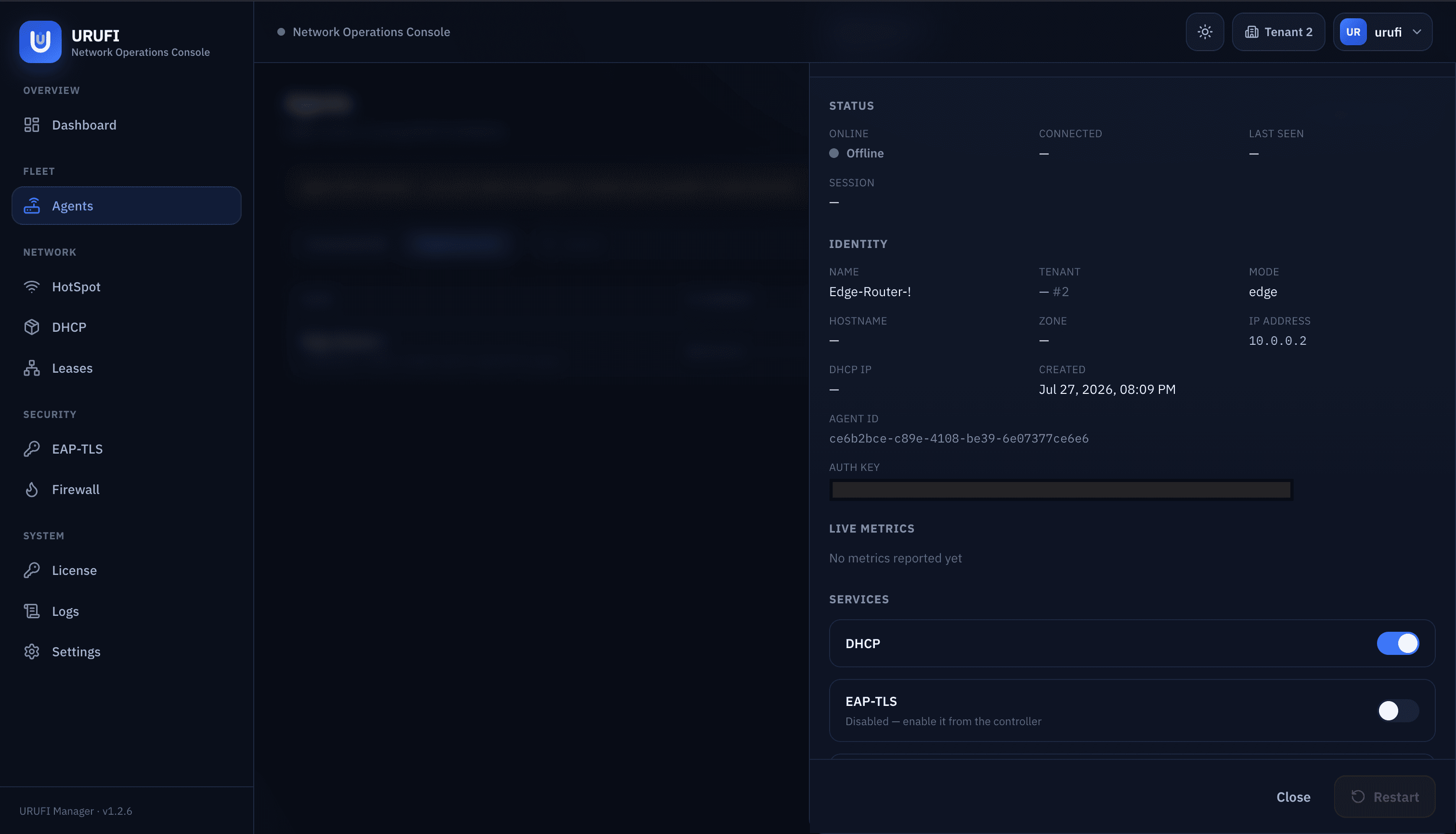URUFI Network Operations Console — agent detail with Agent ID, Auth Key and service toggles