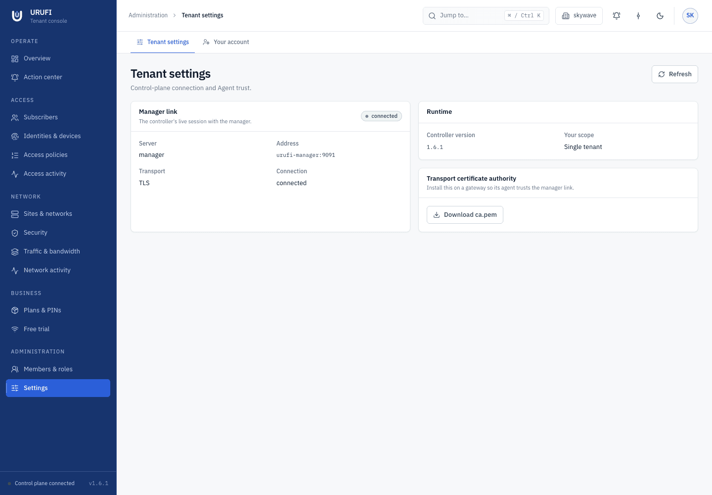 URUFI Console Tenant settings page showing the connected Manager link and the transport certificate authority download