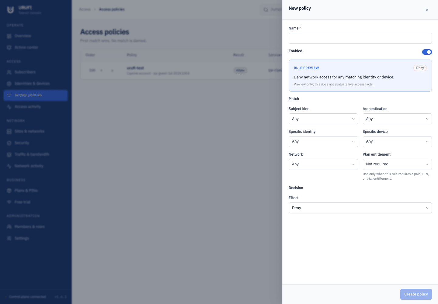URUFI Console New policy panel showing the policy name, rule preview, match conditions, and effect