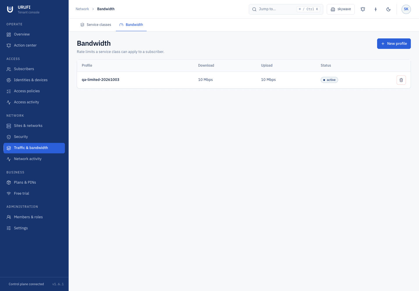 URUFI Console Bandwidth page listing a reusable download and upload rate profile