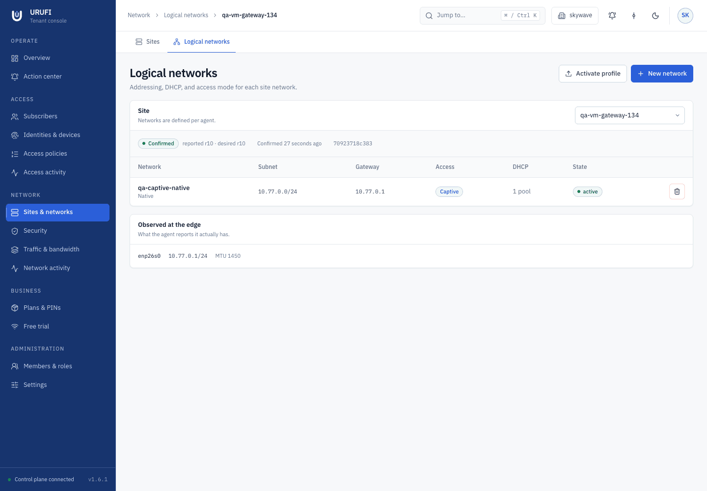 URUFI Console Logical networks page showing the selected site's confirmed revision, a captive network with one DHCP pool, and the interface observed at the edge