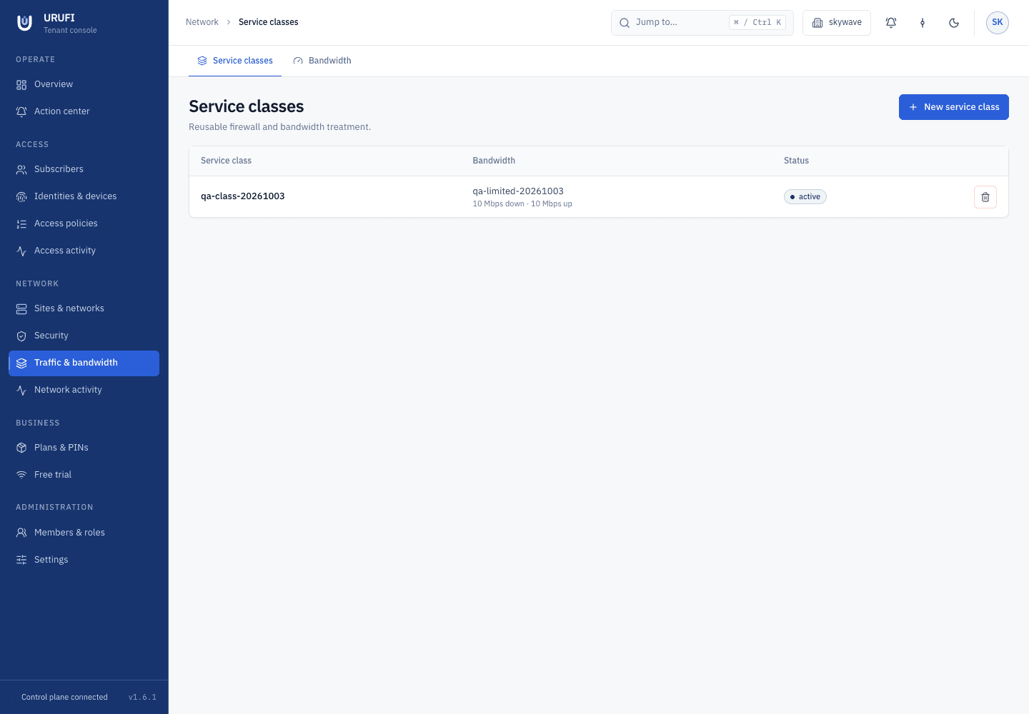 URUFI Console Service classes page showing a reusable class linked to a bandwidth profile
