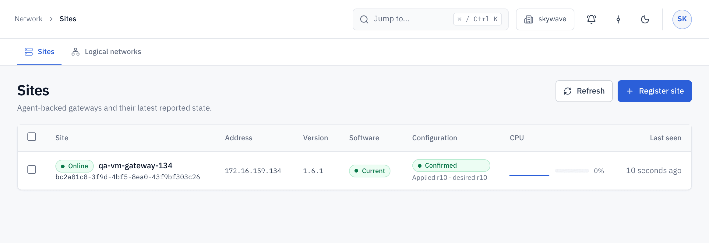 URUFI Console Sites page listing an online gateway with its address, version, and confirmed configuration